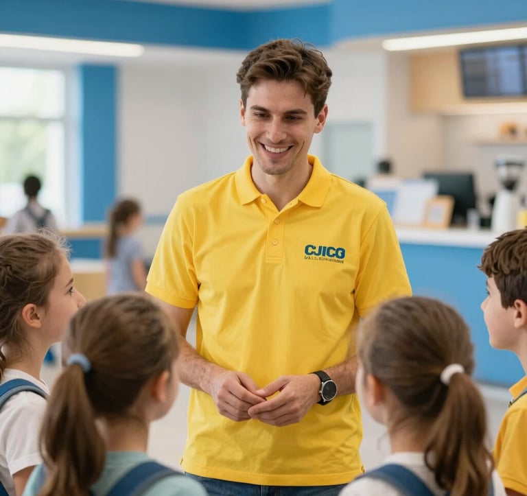 A professional and friendly staff member in a bright yellow branded polo shirt interacting warmly with children at an amusement park. The setting is a clean, modern facility in Southeast Europe / Bulgaria, with soft blue accents and natural lighting.