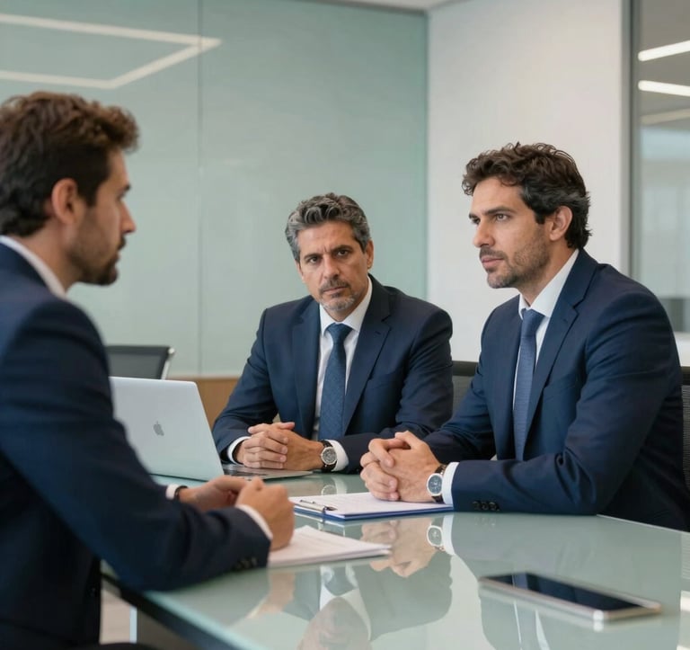 A professional setting in a modern South American / Brazilian boardroom. Two executives in deep navy blue suits are discussing a deal over a clean glass table. The lighting is sophisticated and professional, with accents of muted steel teal and arctic white surfaces.