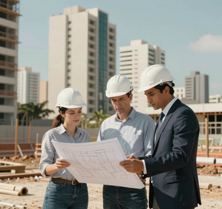 A modern real estate subdivision under construction in a South American / Brazilian city, focused on engineers in hardhats reviewing blueprints, bright daylight, professional corporate photography, off-white and muted teal color palette.