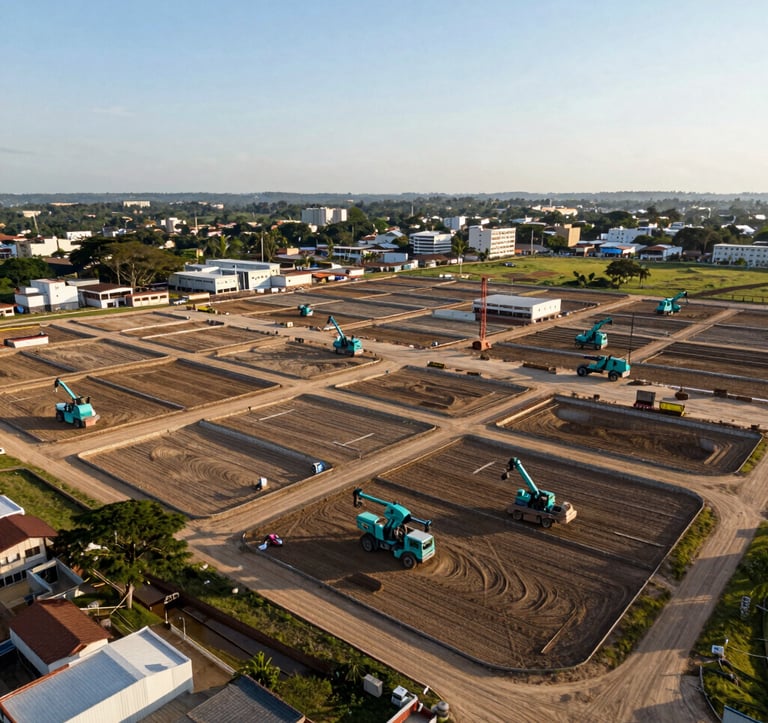High-angle photography of a large-scale land development project in a South American / Brazilian urban expansion zone, showing organized plots under a clear morning sky with slate teal equipment visible.