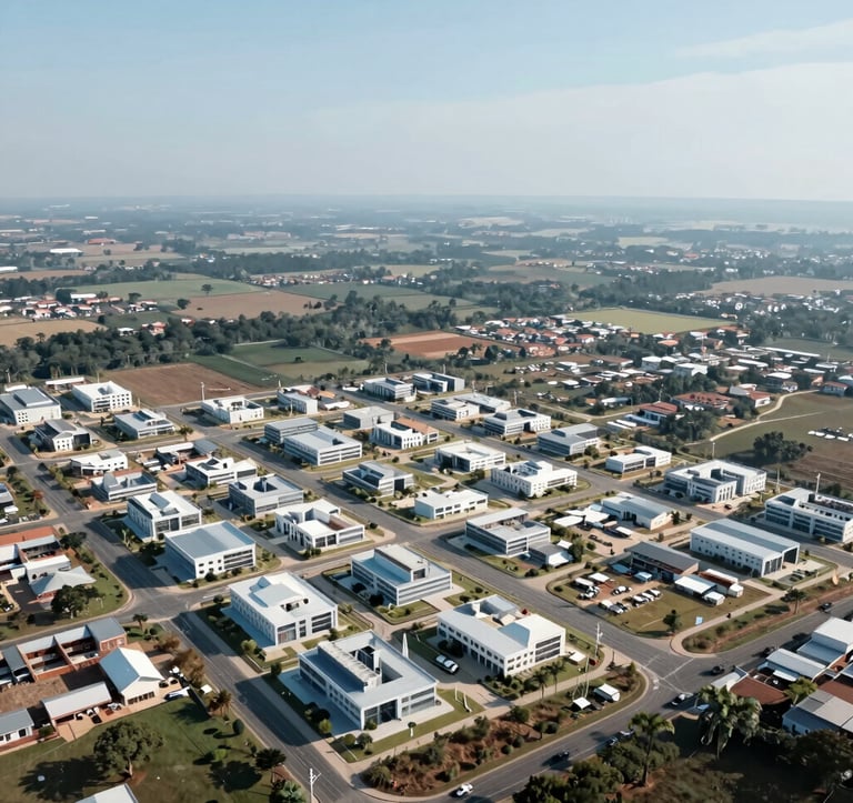 An expansive view of a land development project in a South American / Brazilian region, showing the integrated layout of a future community. The composition is clean and technical, using soft slate blue and arctic white tones to reflect a modern, forward-thinking approach.