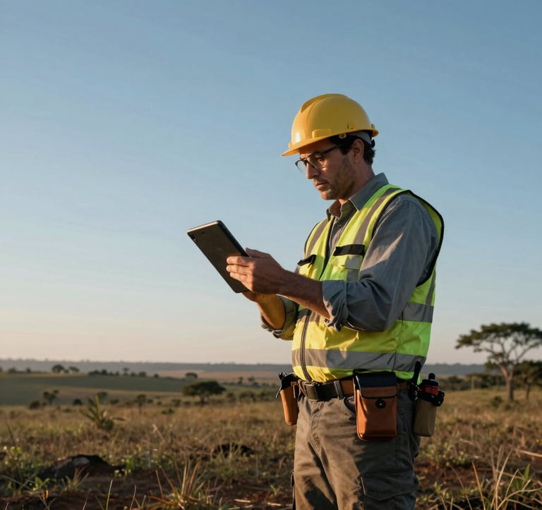 A professional surveyor in field gear standing in a vast, open landscape in South American / Brazilian countryside. He is looking at a tablet while the background shows a clear morning sky with soft steel blue tones. The scene conveys scale and potential for acquisition.