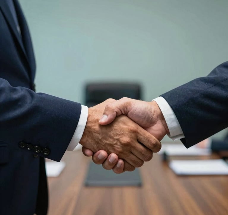 A close-up photograph of a firm handshake between two business leaders in a South American / Brazilian boardroom setting, featuring deep midnight blue and slate teal color accents.