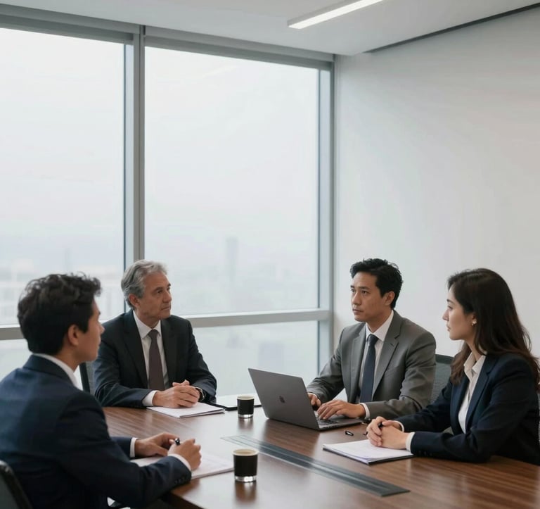 Photography of a professional meeting in a sophisticated South American / Brazilian corporate office, with frosted arctic white walls and large windows, reflecting a mood of strategic foresight.