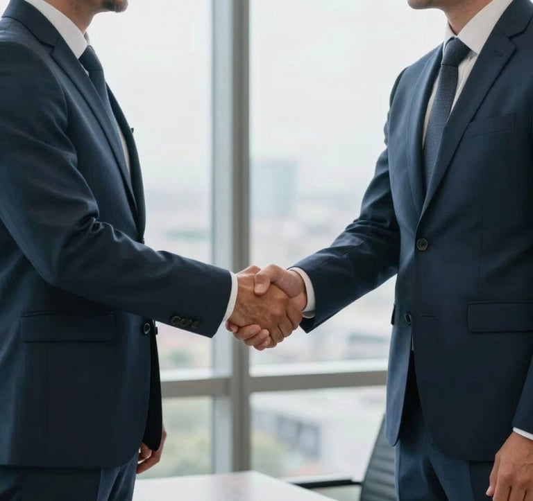 Two professional business partners in sharp suits shaking hands in a modern, sophisticated South American / Brazilian corporate office, reviewing real estate contracts, natural lighting, trustworthy and forward-thinking mood, dark slate blue and light grayish blue tones.