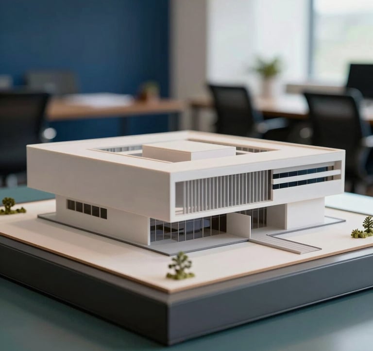 A focused shot of a modern architectural model in a professional office in South America / Brazil. Soft natural light highlights the clean lines, with deep navy blue accents in the surrounding decor and muted steel teal shadows, conveying professional gravitas.