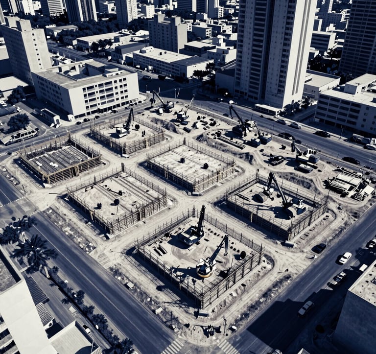 An aerial photography shot of a large-scale real estate development project under construction in a South American / Brazilian urban landscape. The composition shows structured building foundations and heavy machinery, using a palette of deep navy blue shadows and off-white concrete.