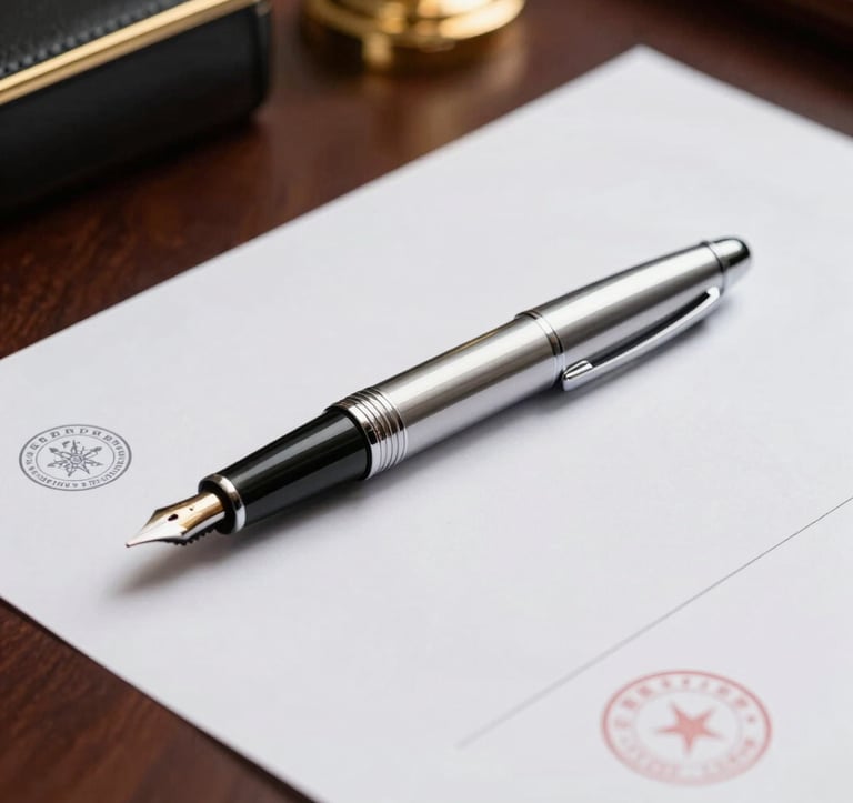 A detailed close-up of a high-end silver fountain pen resting on a heavy-weight paper document with official stamps. The setting is an executive office with dark wood and gold accents. Global / International context is implied by the premium quality and formal arrangement.