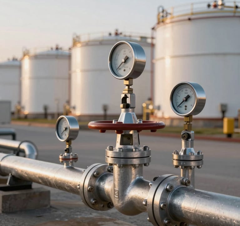 An industrial-chic photograph of polished silver pipeline valves and gauges at a modern fuel terminal. The background shows the soft bokeh of golden sunset light hitting a row of large white storage tanks. Global / International setting.