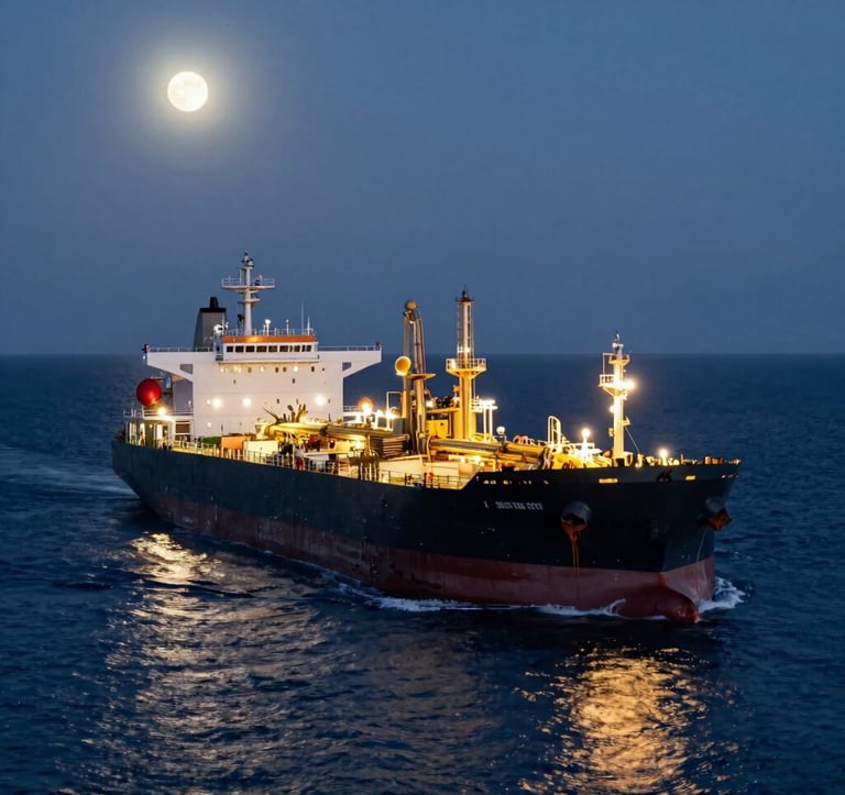 A massive petroleum tanker moving through deep blue ocean waters under a silver moonlight. The ship's deck lights are a warm gold, casting long reflections on the water. A wide-shot capturing the scale and security of international crude oil transportation.