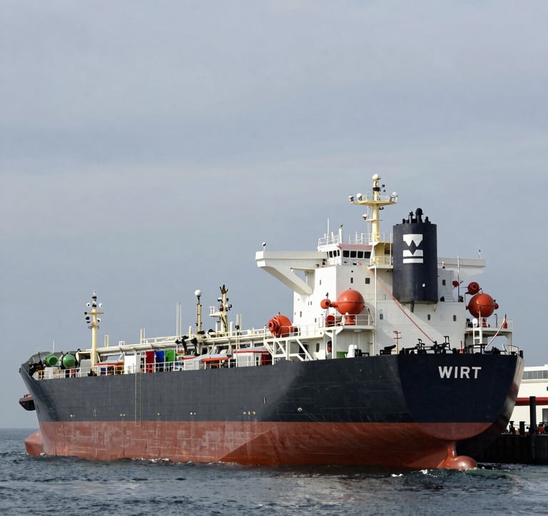 A professional photography shot of a large oil tanker at a modern offshore terminal under a silver-gray sky. The lighting is crisp and detailed, emphasizing the scale of global energy logistics. Global/International setting.