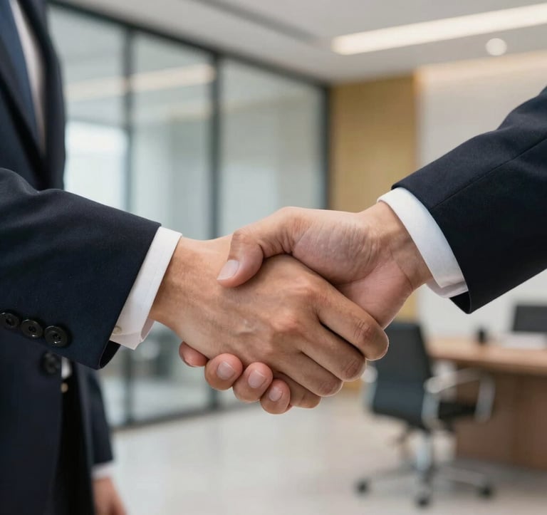 A close-up of a professional handshake in a high-end corporate setting. The individuals are in crisp business attire, and the background shows a blurred, sophisticated office with silver and gold accents. Global / International atmosphere of trust.