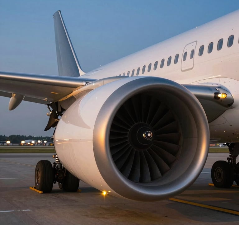 A cinematic, close-up shot of a commercial jet engine on an airfield during the blue hour. Golden runway lights create a warm glow against the silver metallic surfaces of the aircraft. Professional, high-end photography capturing the essence of global aviation fuel logistics.