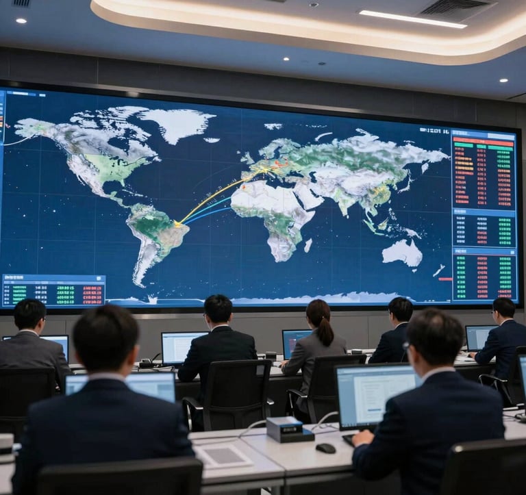 A high-tech monitoring room with large digital displays showing global shipping routes and energy market data. The lighting is sophisticated and dim, with silver accents. Professional specialists in business attire are subtly visible, emphasizing a Global / International operational hub.