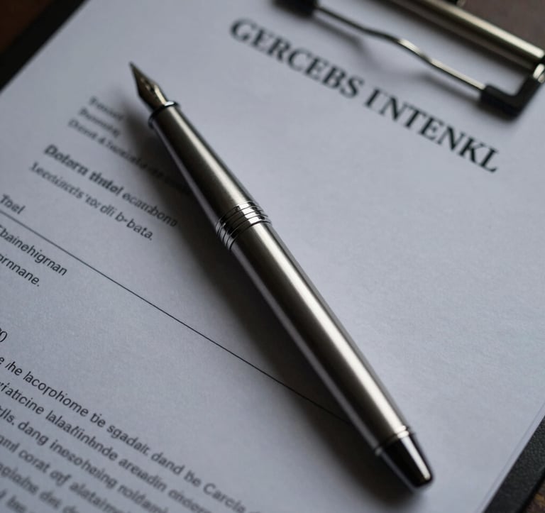 A top-down detailed shot of a premium silver fountain pen resting on an official trade document. The lighting is sophisticated and moody, with deep black shadows and metallic silver highlights. Global / International business theme.