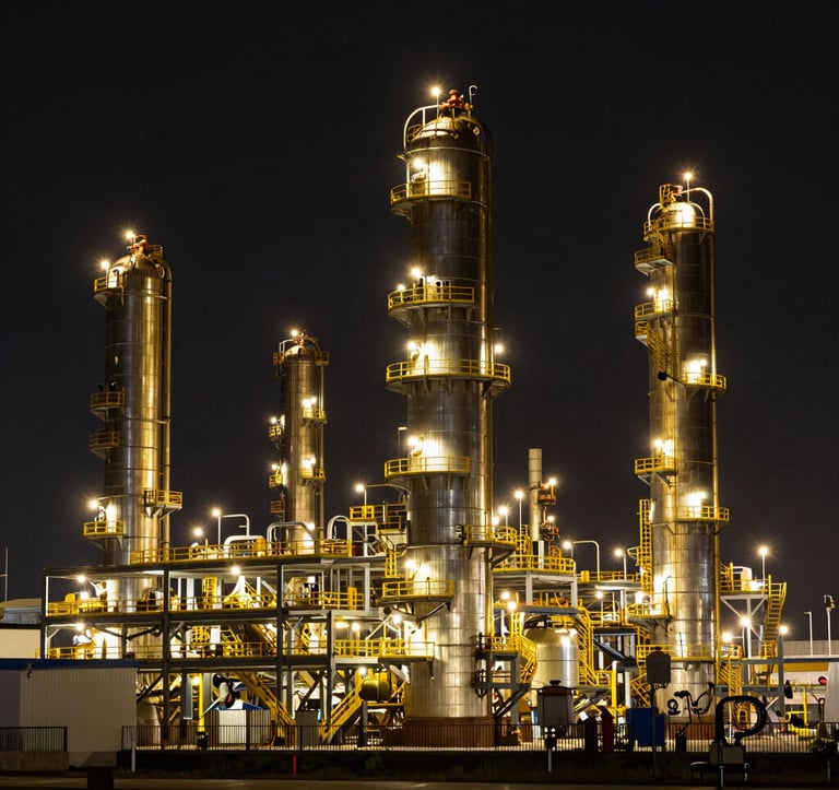 A dramatic nighttime photograph of a large-scale oil refinery. The industrial structure is illuminated by sharp golden lights against a deep black sky, emphasizing operational excellence and scale. Global / International industrial context.