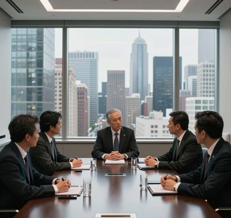 A high-end, professionally lit boardroom in a skyscraper. Through the window, a Global / International city skyline is visible. The interior features silver and glass surfaces. Business leaders are engaged in a discreet, serious discussion around a polished dark table.