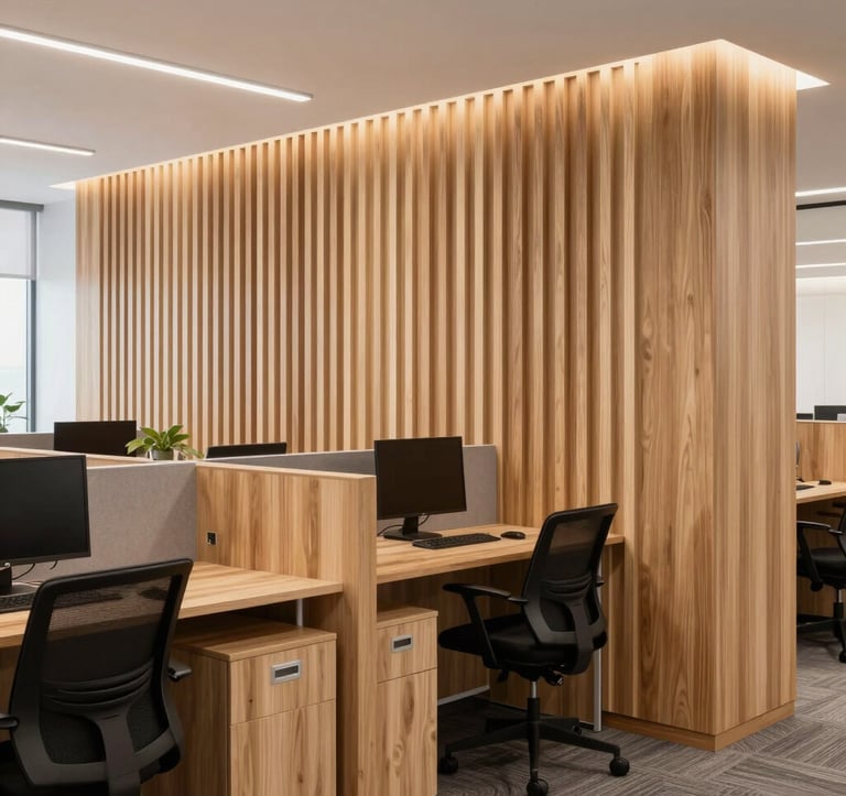 Interior of a high-end commercial office space featuring custom-built workstations and a partition wall made of vertical wood slats in a light tan finish. Professional South American / Brazilian corporate environment, bright and airy.