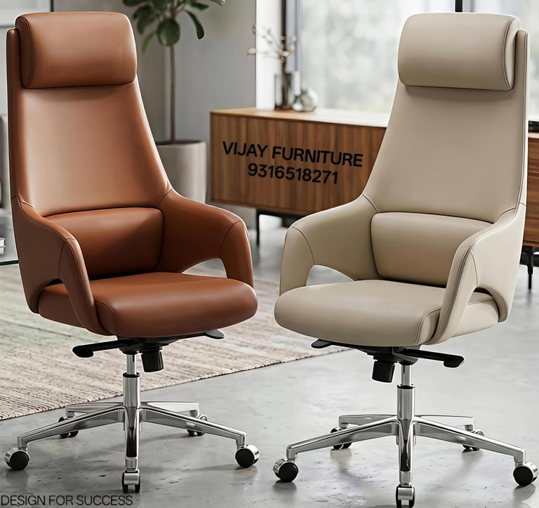 Two premium high-back executive office chairs in brown and beige leather by Vijay Furniture
