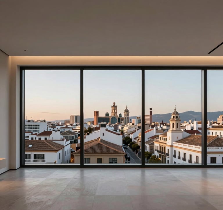 The interior of a premium penthouse with floor-to-ceiling windows showing a panoramic view of a sophisticated Spanish city skyline at twilight. Minimalist interior design with grey and cream tones, emphasizing open space and exclusive architecture. Spanish-speaking / Iberian Peninsula.
