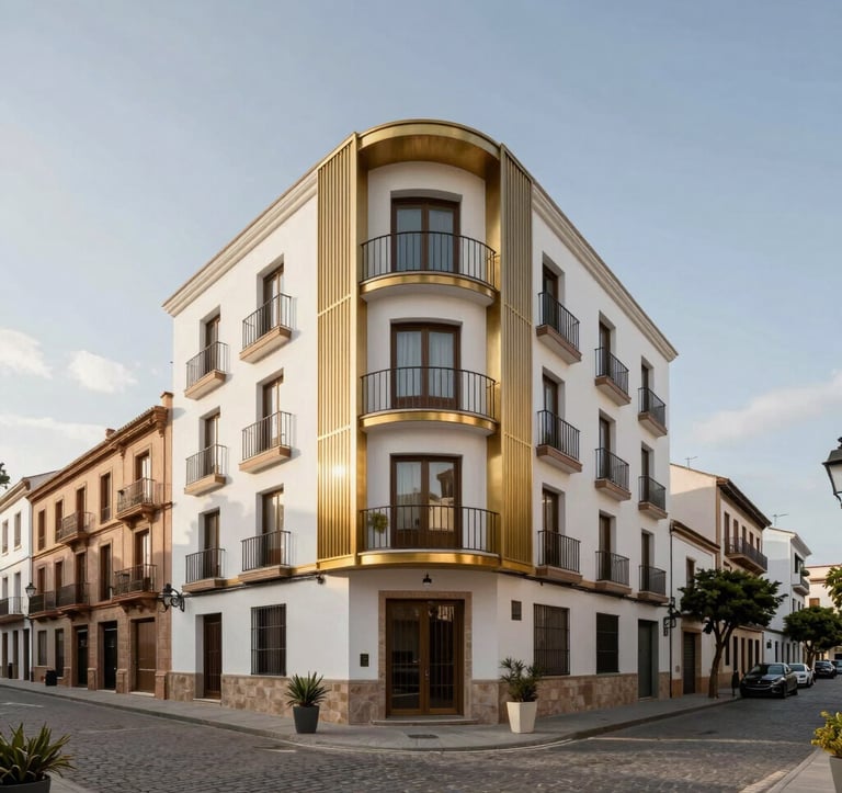 High-end real estate photography showing a modern residential building integrated into a historical neighborhood of the Spanish-speaking / Iberian Peninsula. The facade combines white cream textures with gold-toned metal accents, surrounded by cobblestone streets and elegant urban landscaping under a clear sky.