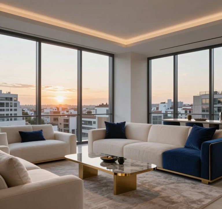 Interior of a high-end minimalist penthouse living room in a major city of the Spanish-speaking / Iberian Peninsula. Large floor-to-ceiling windows show a panoramic sunset view. The room is decorated with sophisticated furniture in cream white and navy blue fabrics with subtle gold decorative elements.