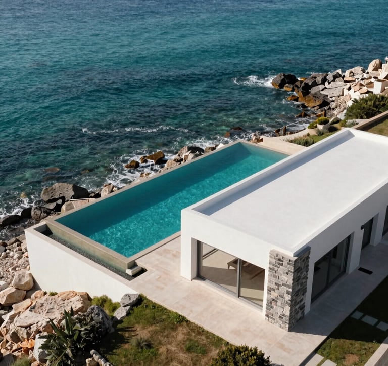 An aerial photography shot of a coastal luxury property on the Spanish-speaking / Iberian Peninsula coast, featuring a private infinity pool blending with the turquoise sea. The architecture is minimalist with clean white surfaces and gray stone accents, captured in high-contrast morning sunlight.