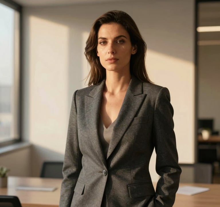 Professional portrait of a female executive with an elegant and confident demeanor, wearing a charcoal gray blazer. She is in a minimalist office setting in Spain, with soft golden hour light hitting the background architecture.
