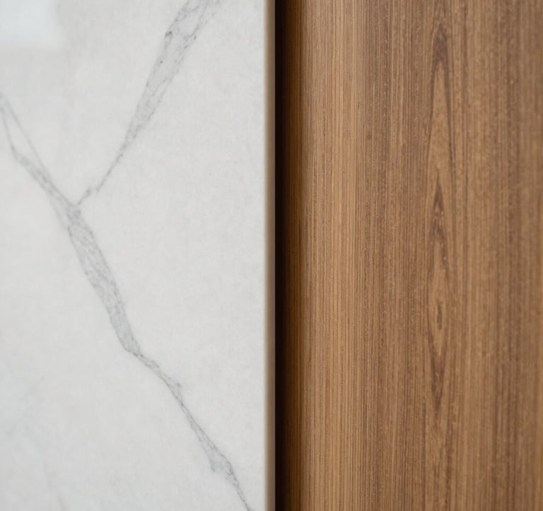 A close-up artistic photograph of premium architectural finishes: white marble with grey veins meeting a polished oak wood panel. Soft, natural side-lighting emphasizes the textures and the minimalist, solid construction. Spanish-speaking / Iberian Peninsula.