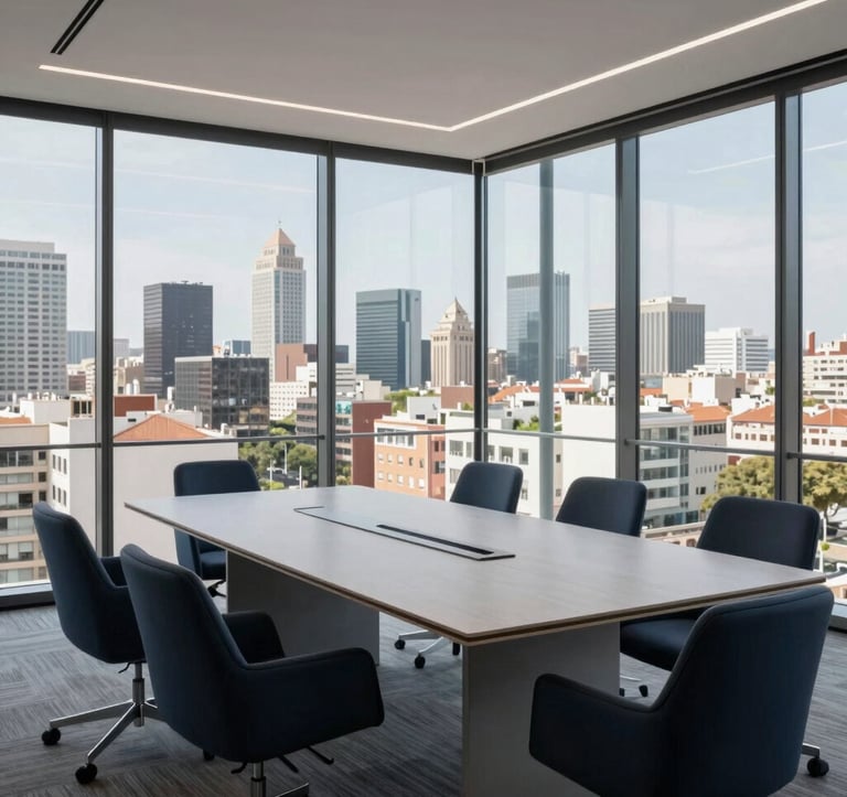 A professional and sophisticated meeting space in a high-rise office building on the Spanish-speaking / Iberian Peninsula, with views of a sprawling urban skyline. The interior features minimalist furniture in gray and navy blue tones, capturing an atmosphere of trust and financial solidity.