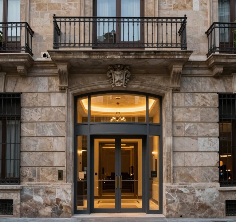 A close-up architectural shot of a renovated historical building entrance in a premium city district of the Spanish-speaking / Iberian Peninsula. The design combines traditional stone with modern gray steel and glass elements, illuminated by warm gold accent lighting at dusk.