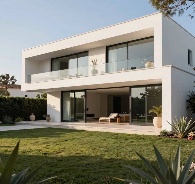 Exterior shot of a modern minimalist villa during a bright afternoon. The architecture features clean white lines, large glass facades, and a manicured Mediterranean garden. Professional architectural photography style. Spanish-speaking / Iberian Peninsula.