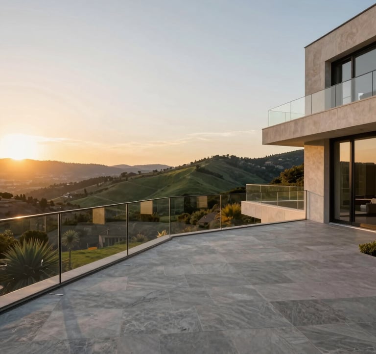 Wide-angle photography of a luxury estate's private terrace overlooking a valley in the Spanish-speaking / Iberian Peninsula. The foreground shows a minimalist grey stone floor and a glass railing. The sun is setting, casting a warm golden glow over the green hills and the sophisticated architectural lines of the building.