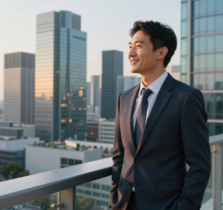A realistic, professional photograph of a confident individual smiling, looking out over a beautiful modern city skyline in Central Europe from a high-rise balcony. The lighting is early morning golden hour, symbolizing optimism and success. Clean and professional corporate style, with soft blue and teal tones in the background glass reflections.