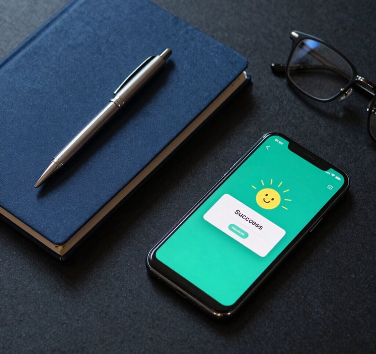 A flat lay photograph of neat workspace elements on a dark desk: a stylish notebook with a pen, a modern smartphone showing a success notification, and a pair of spectacles. The color scheme is premium, dominated by deep midnight blue and bright teal highlights. Soft, elegant lighting.