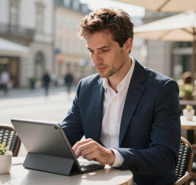 A polished real-world photograph of a professional man in a smart-casual blazer sitting at an elegant outdoor cafe in a Central European / German city, working productively on a modern tablet. Relaxed yet focused expression, morning sunlight, soft depth of field.