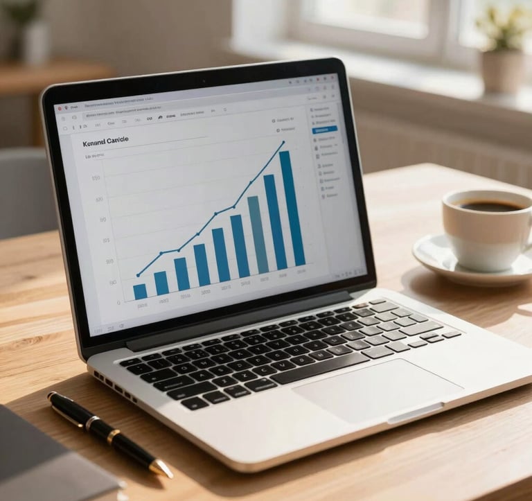 Professional close-up photography of a sleek, modern laptop displaying rising success charts, with a luxury pen and a warm cup of coffee nearby on a tidy light wooden desk. Central European home office setting, warm, motivating sunlight filtering through a window, clean composition.