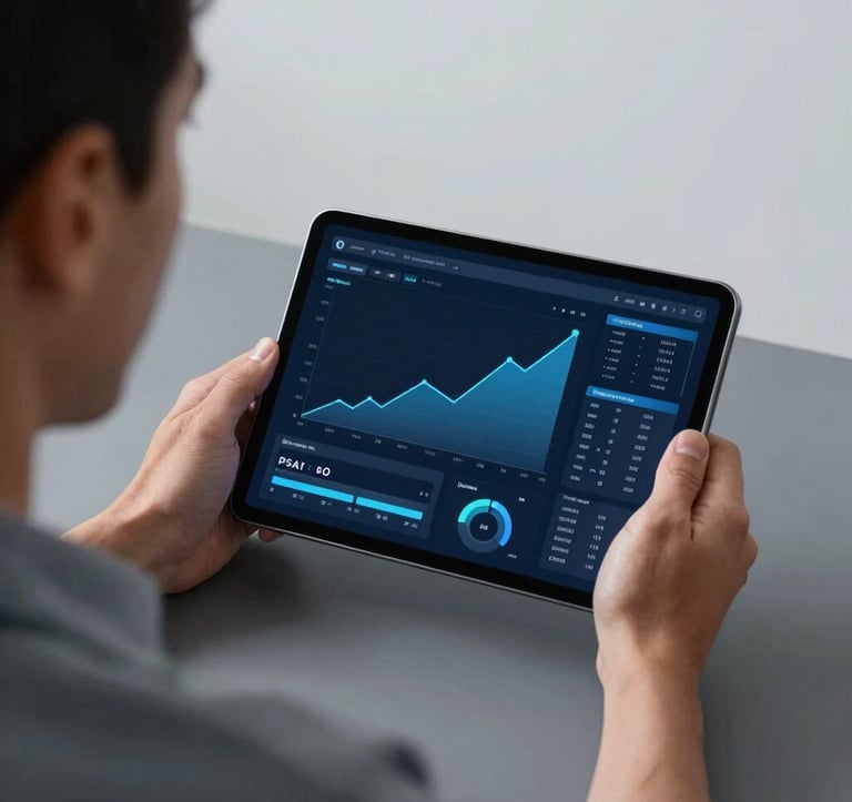 An over-the-shoulder view of a determined professional reviewing positive upward-trending abstract digital dashboard charts on a modern tablet. Minimalist interior with clean, professional aesthetics. Soft studio lighting with steel blue and dark navy blue tones.