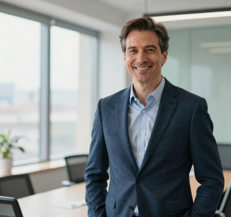 A professional business portrait of a confident male mentor in modern business-casual attire, smiling warm and welcoming, set in a bright, contemporary Central European office. Natural, soft window lighting. The background features clean design, with steel blue and pale sage gray tones.