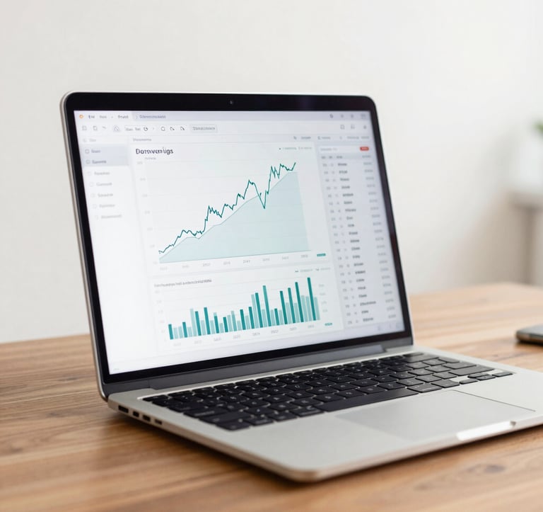 A high-quality close-up photograph of a sleek modern laptop on a solid wood desk in a bright Central European / German home office. On the screen, a clear and tidy dashboard with upward-trending financial charts. Sophisticated lighting, clean, minimalist composition with soft off-white background.