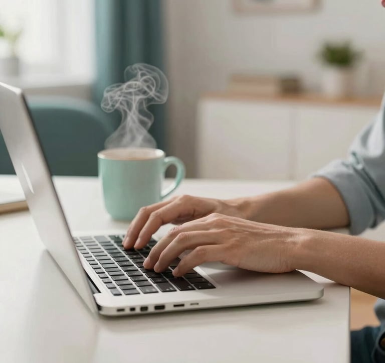 A professional, close-up photograph of a person's hands typing on a premium laptop in a brightly lit, modern home office. On the side of the desk, a high-quality ceramic mug with steam rising. The background is a clean interior of a Central European home, soft focus, warm light, conveying a sense of relaxed remote work and financial freedom, with hints of teal and light mint colors in the decor.