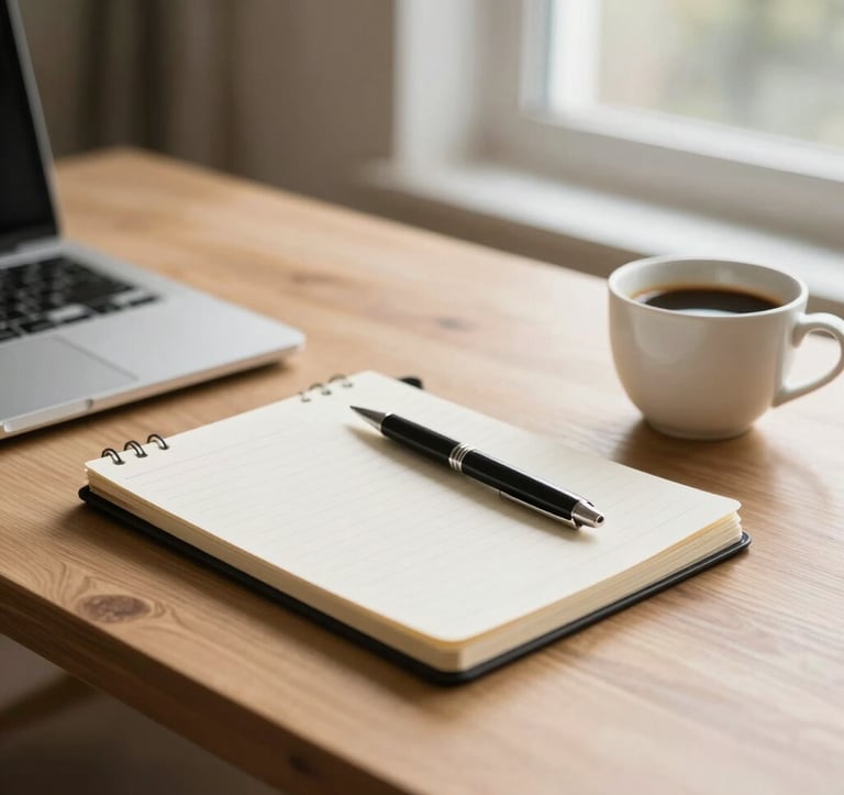 A stylish, professional photograph of a premium, clean home office desk setup with a high-end notepad, a stylish pen, and a cup of coffee. Warm natural light coming through a large window, suggesting a peaceful, self-determined work environment in Central European / German style.