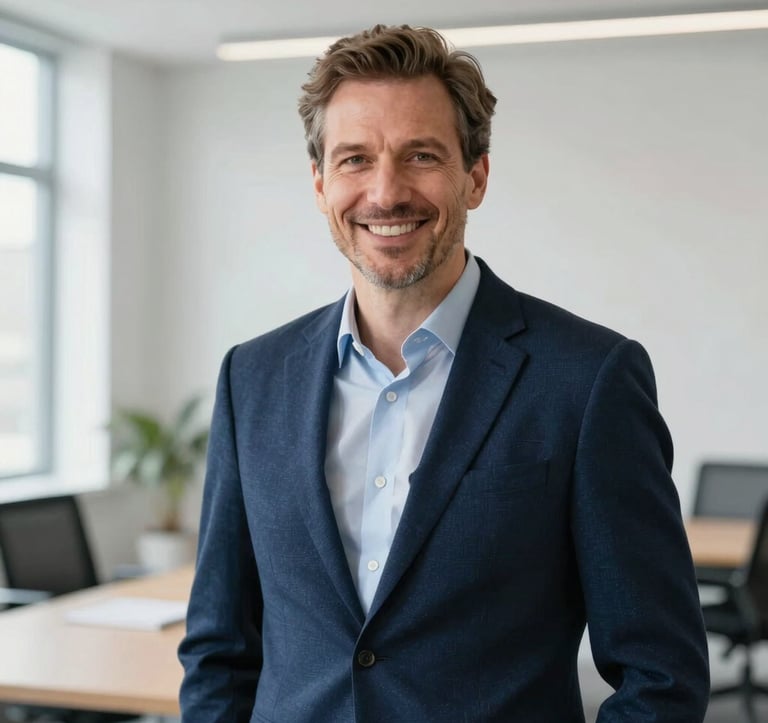 A premium professional portrait of Peter Hug, a male German business consultant in his late 30s, wearing a smart-casual navy blue blazer, smiling warmly and confidently, in a bright, modern, minimalist office in Frankfurt, Germany. Soft, natural light, high-end corporate photography style.