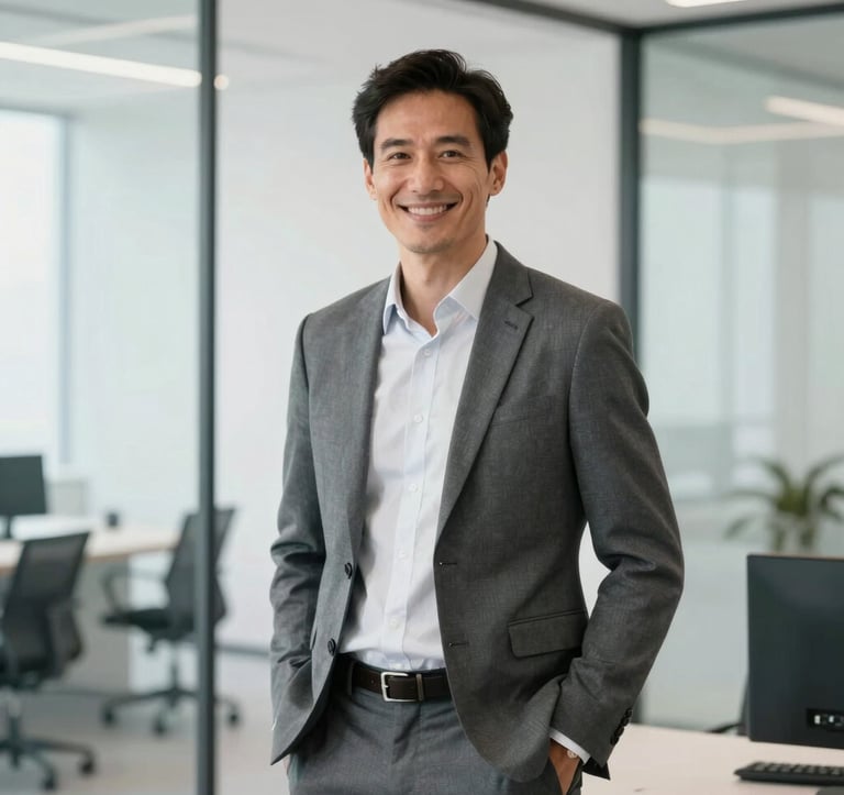A professional business portrait of a male mentor in smart-casual business attire, smiling warmly and confidently. He is standing in a bright, modern, minimalist Central European office with glass walls, indicating transparency and professional trust. Soft neutral lighting, featuring a clean color palette of white, slate gray, and light mint.