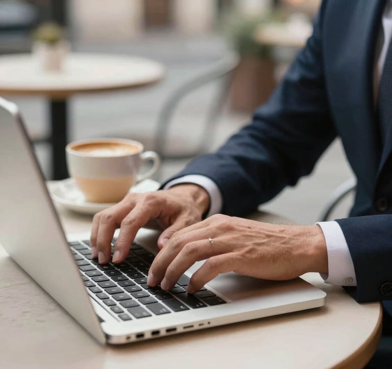 A close-up photograph of a professional's hands typing on a sleek laptop at a modern café in a Central European city. Soft, natural outdoor lighting. In the background, a warm-toned ceramic coffee cup sits on the table. Colors include off-white, steel blue, and dark navy blue accents.