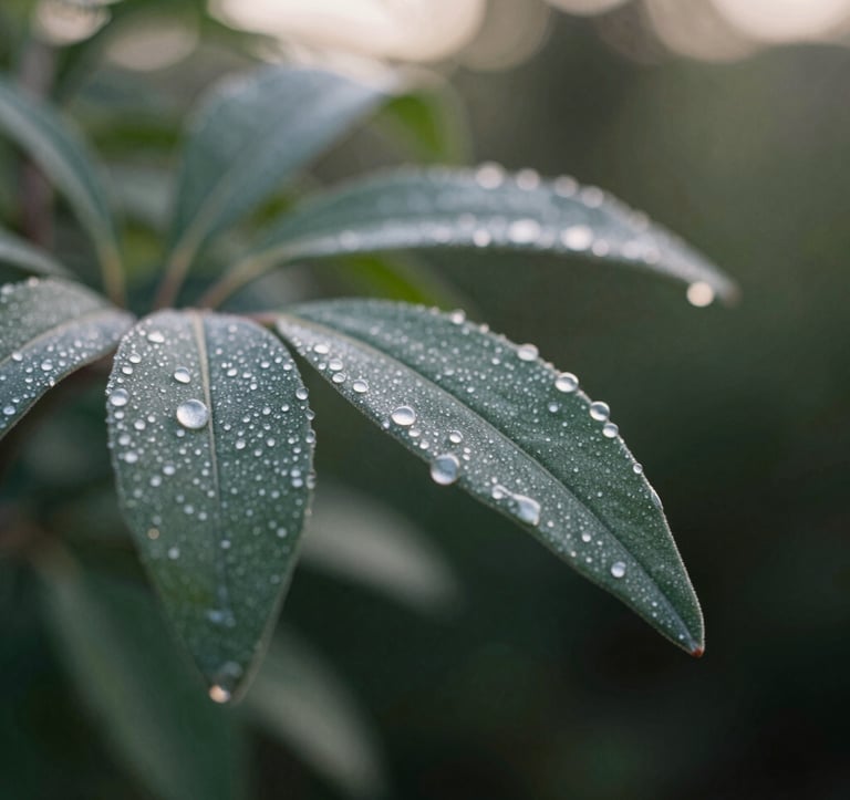 A macro photograph of morning dew on sage green leaves, reflecting the soft pearl white light of a Western European / French sunrise. Deep shadows in dark forest green create a sense of professional elegance and natural mystery.