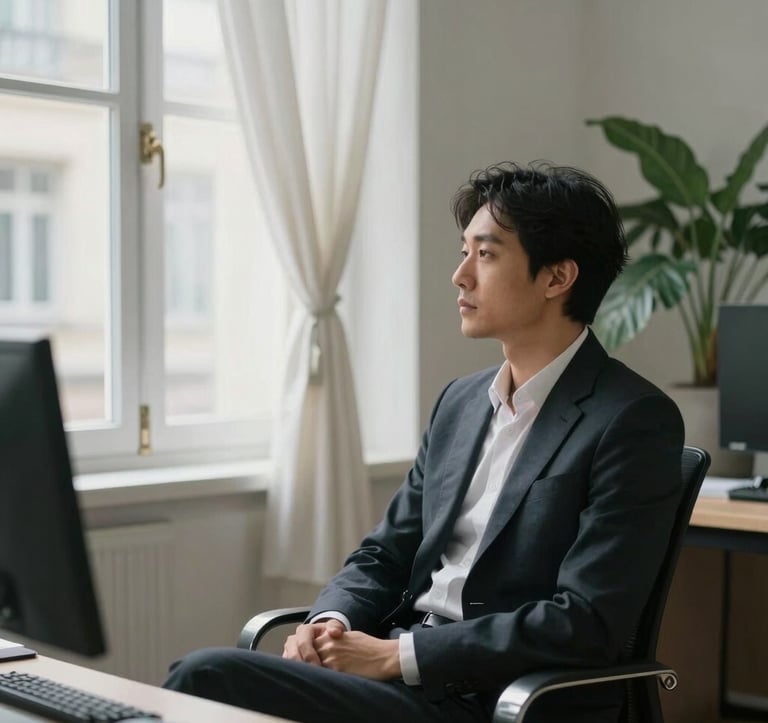 A mindful professional sitting in a bright Western European / French office environment, looking towards a window with pearl white curtains. The lighting is soft and inspiring, with sage green plants in the background.