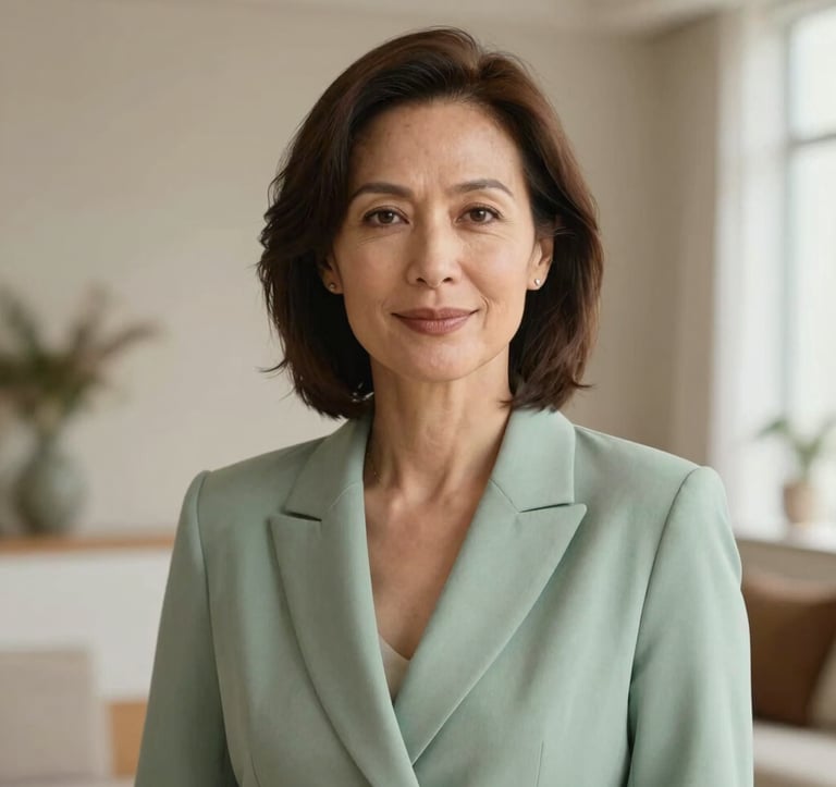A professional portrait of a woman in her 40s with a kind and serene expression, wearing professional attire in soft sage green. She is in a bright, modern Western European / French studio with warm beige accents, looking directly at the camera.