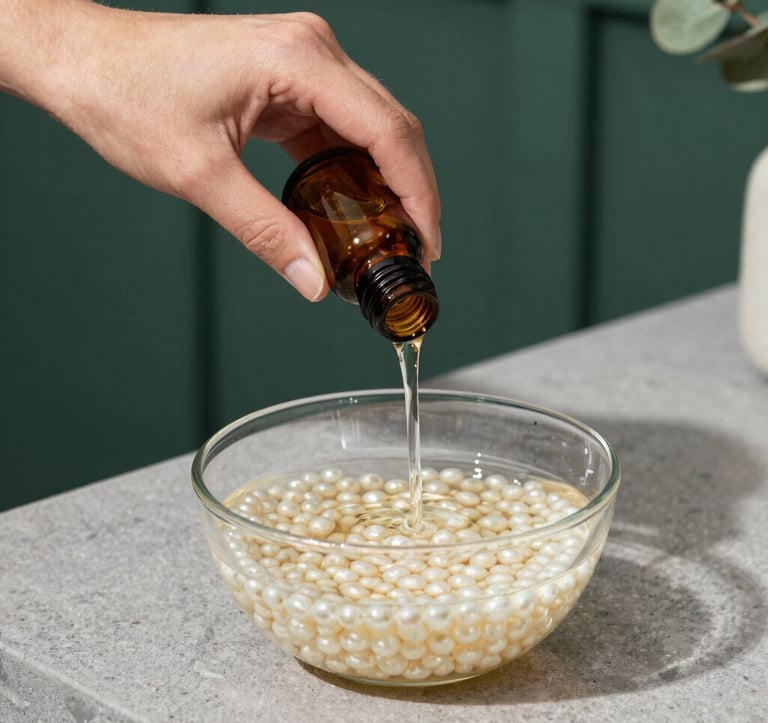 A soft focus shot of a person's hands pouring essential oil into a bowl of pearl white water. The scene is set in a modern Western European / French interior with dark forest green accents and natural soft pebble grey textures.