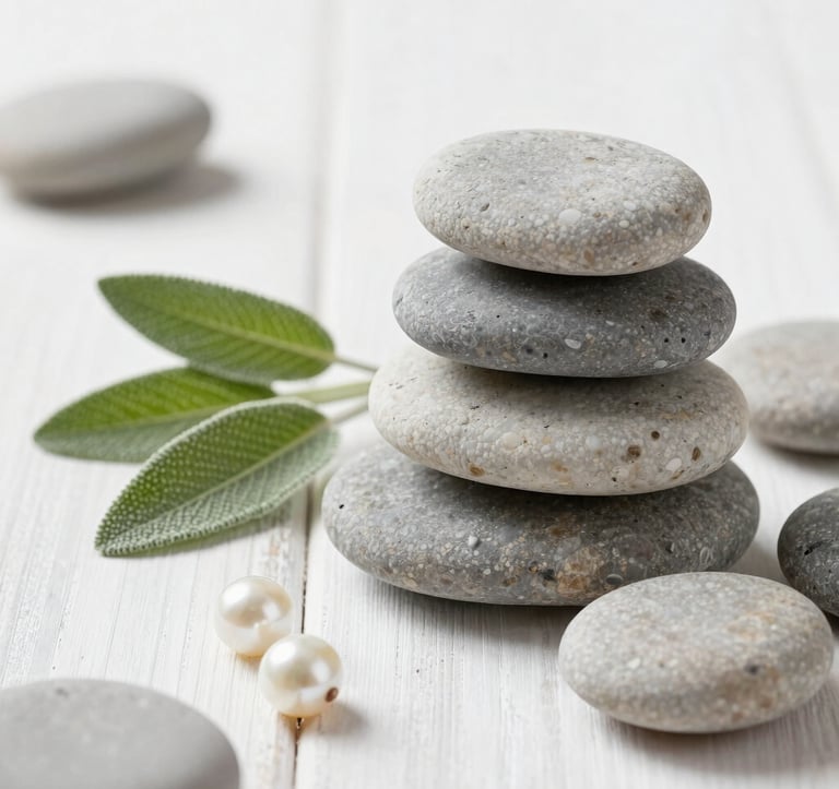 Close-up of smooth soft pebble grey stones stacked perfectly on a pearl white wooden surface. A sprig of sage green lavender lies beside them. Professional photography in a bright Western European / French wellness studio style.